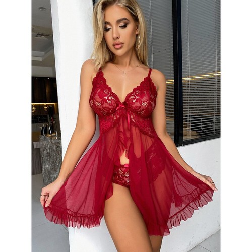 Dessous für Damen Frontverschluss Babydoll Spitze Negligee V-Ausschnitt Netz Nachtwäsche - Bild 10 von 34