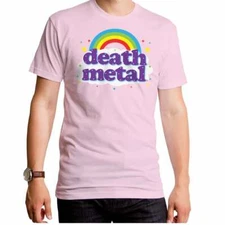 DEATH METAL T-SHIRT / PINK RAINBOW FUNNY 'DEATH METAL' ROCK TEE
