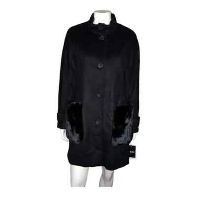 DKNY Women's Faux-Fur-Pocket Walker Coat Black Wool Blend