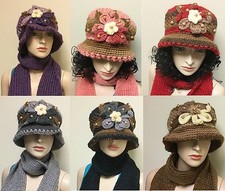 NEW 2 PC SET KNITTED HAT+LINING & SCARF,STOLE HAND MADE 3D FLOWER,FAUX PEARL