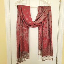 Large Red Tan 27x73 Inch 6 ft Rectangle Scarf Polka Dot Flower Stole Tassel