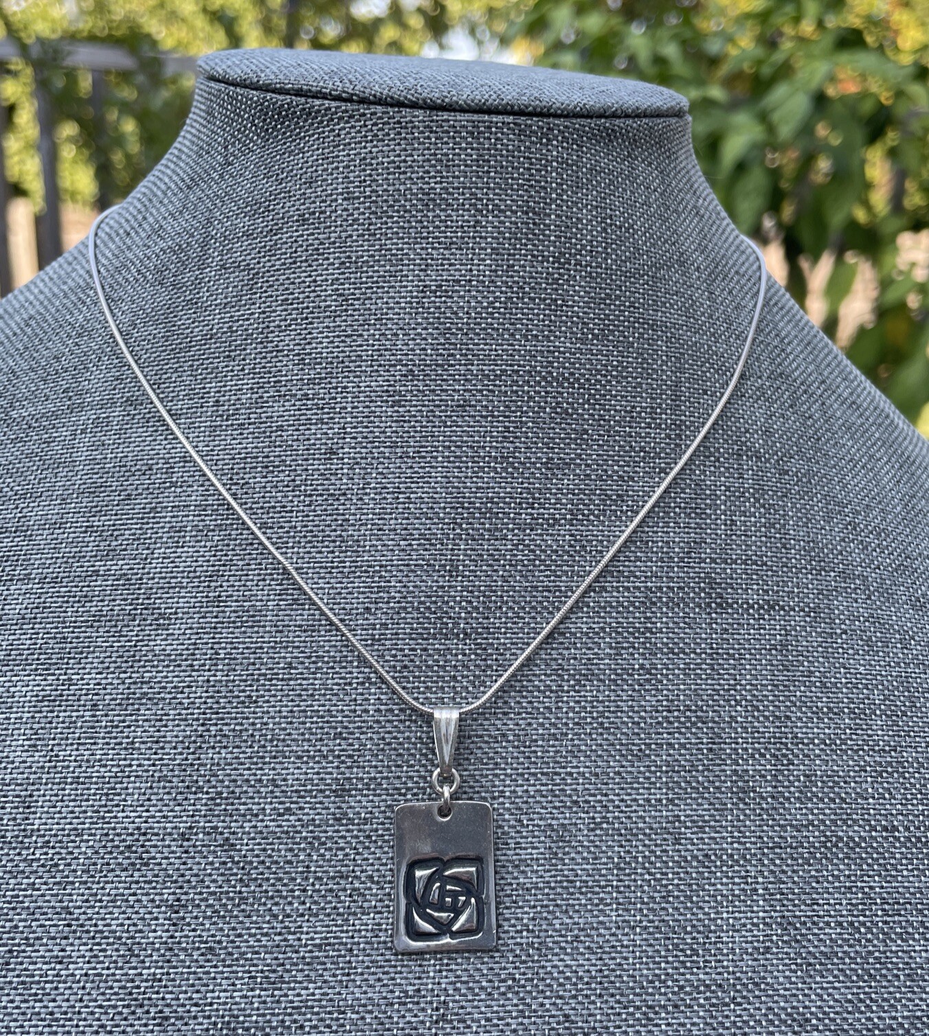 Sterling Silver Necklace Rectangular Pendant Rose… - image 1