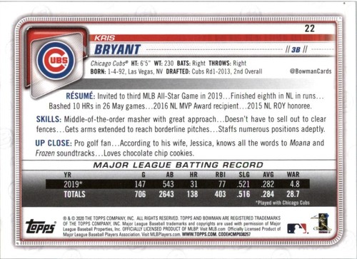 2020 Bowman Base #22 Kris Bryant - Chicago Cubs Colorado Rockies - Picture 2 of 2