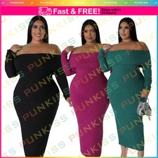 Women's Plus Off Shoulders Ribbed Stretch Knit Dress??Strapless Long Sleeves