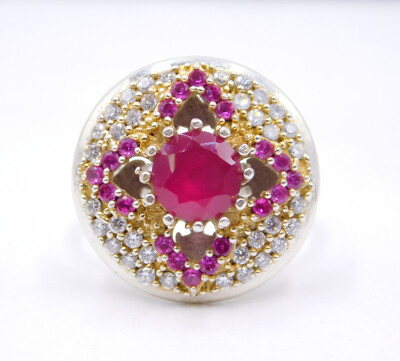 Lab- Create Ruby & Zircon Cut Stone 925 Sterling Silver Two Tone Ring Size 8.75''