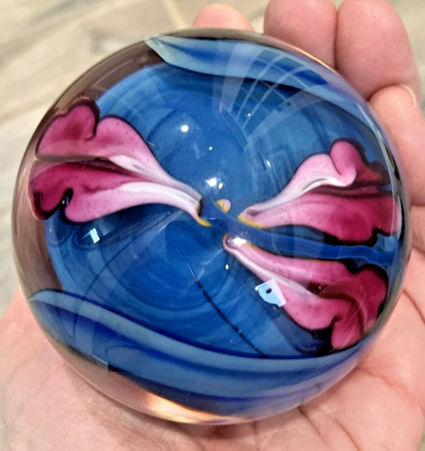 Signed 1991 Rick Satava Pink Flower Petals Blue Background Paperweight Dated - Image 3 of 4