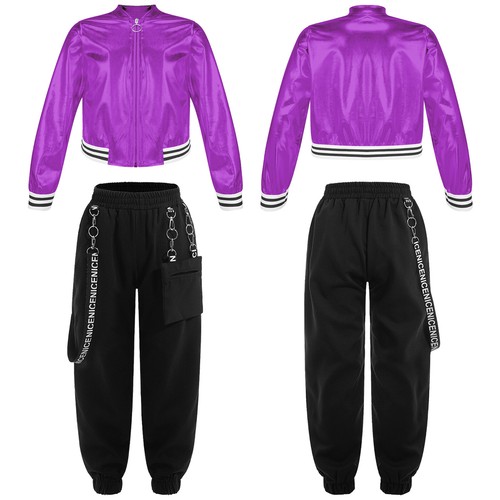 Children Girls Outfit Elastic Waistband Tracksuit Stand Collar Set Metallic - Picture 3 of 36