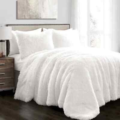 NEW! ~ COZY ULTRA SOFT & PLUSH WHITE FAUX LONG SHAGGY FUR LUXURY COMFORTER SET