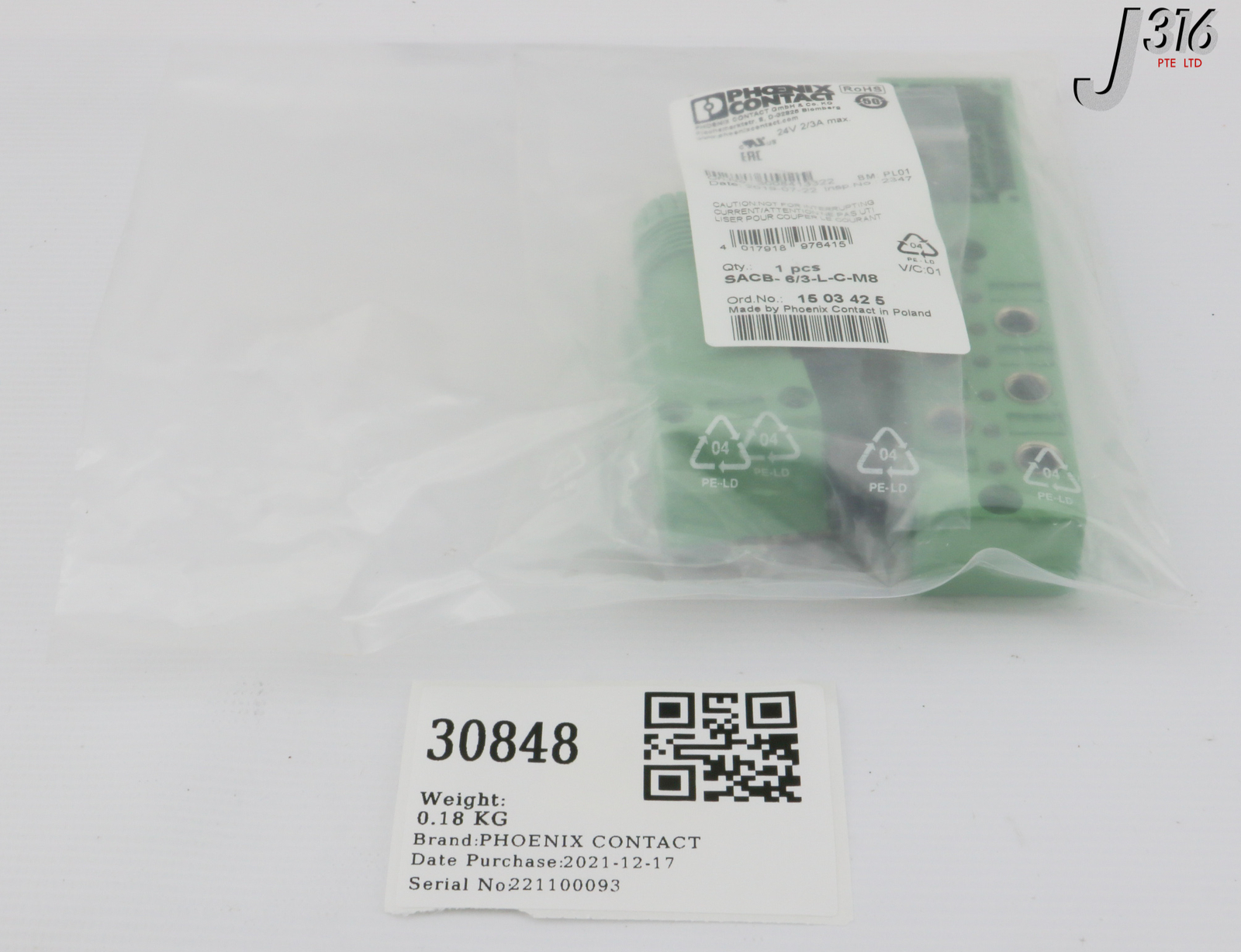 30848 PHOENIX CONTACT SENSOR ACTUATOR BOX, 1503425 (NEW) SACB-6/3  