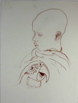 Zeichnung Rötel Portrait Papagei Willy Meyer-Osburg Norddeutsch Monogrammiert