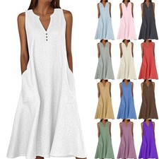 Women Cotton Linen Sleeveless Maxi Dress Ladies Summer Casual Solid V Neck Dress