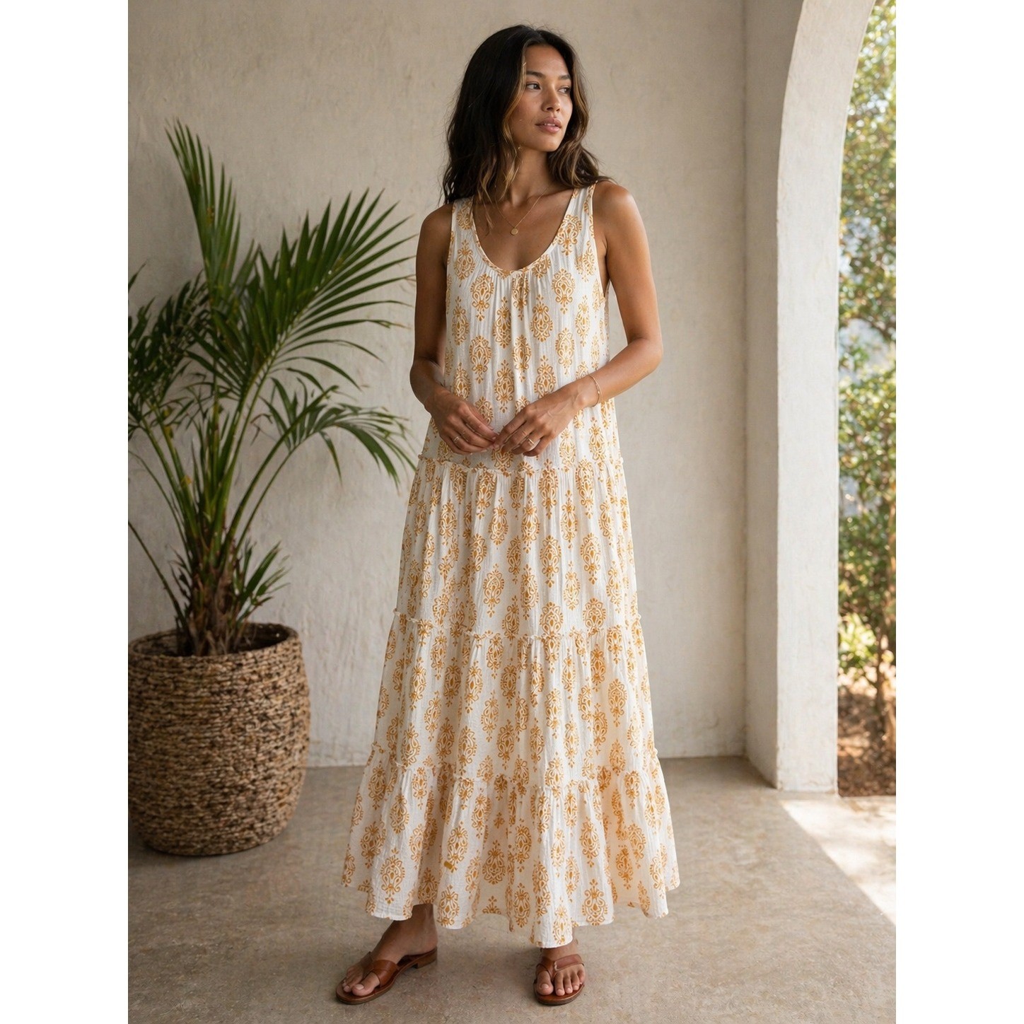 Soft Surroundings 100% Cotton Gauze Tiered Boho Maxi Dress Yellow Damask Print S