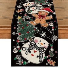 Snowman Gingerbread Pine Merry Christmas Table 13" x 72", Table Runner Black