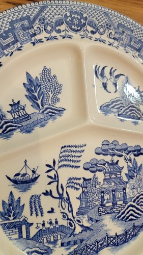 Vintage Lot 3 Blue Willow Divided Dinner Plates Heavy Unmarked - 第 3/17 張圖片