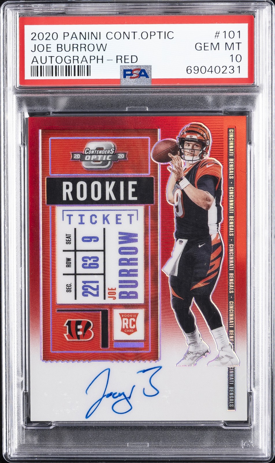 Joe Burrow 2020 Contenders Optic #101 Rookie Ticket Auto - Red