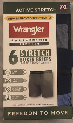 Wrangler Men's 2XL 44-46 Active Stretch Boxer Briefs 6 PK Moisture Wicking Fly