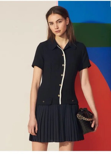Sandro Mixed Material Pleated Dress Navy Size 42