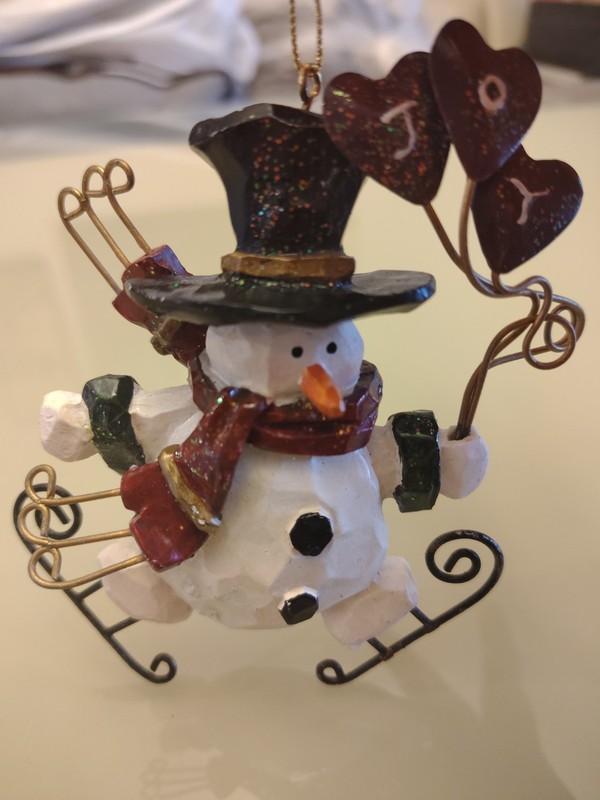 Ice Skating Snowman Christmas Ornament With Joy Hearts