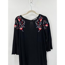 Jack by BB Dakota Black Floral Embroidered Bell Sleeve Shift Dress Boho Small