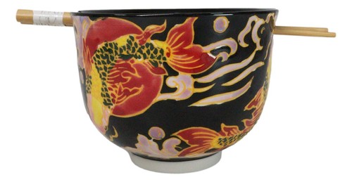 Schwarze Orientalische Koi Fische Keramik Donburi Ramen Suppenschüssel mit Essstäbchen Set - Bild 6 von 9