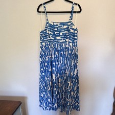 Nine West Blue White Geometric Cotton Midi Sundress XL Sleeveless Square Neck