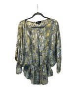 Karen Kane Yellow Gray Paisley Silk Drawstring Tunic Blouse 3/4 Sleeve L