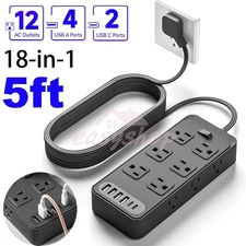 5FT Power Strip Surge Protector 12 AC Outlets 4 USB Ports + 2 Type C Port US