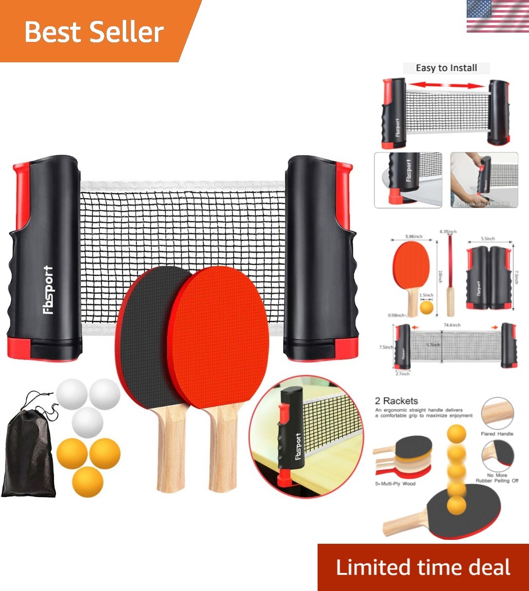 Ping Pong Paddle Set, Portable Table Tennis Set with Retractable Net,Rackets,...