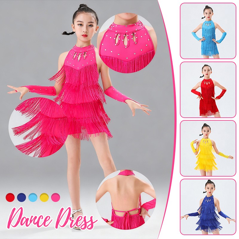 Vestido de baile latino con flecos para niños Mono Traje de rendimiento Disfraz