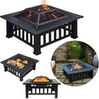 32" Outdoor Fire Pit Square Metal Firepit Patio Garden Stove Fire Pit With Cover