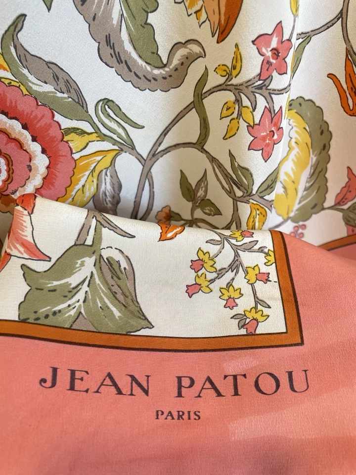 Bufanda de seda con estampado floral Jean Patou Paris rosa naranja amarillo hecha en Italia #A19 Foto 2 de 4