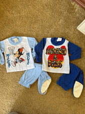 Vintage 90s Disney Mickey and Friends Boys Toddler Baby Blue Footed Pajama Set S