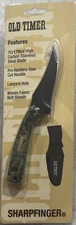 Old Timer Sharpfinger, Camo Handle, Black Blade, Sheath, NIB, China, Fixed Blade