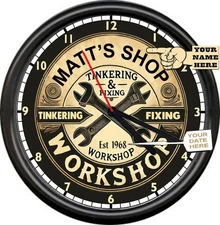 Personalized Workshop Tinker Carpenter Wood Carpentry Shop Tools Sign Wall Clock