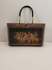 Vintage Wooden Box Purse W/ Decoupaged Greek Art Scene 6" X 10" Felt Interior