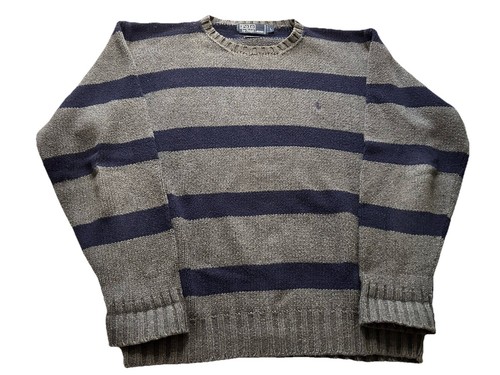 Polo Ralph Lauren Pullover Sweater Large Blue Gray Stripe Hong Kong 1980’s Tag