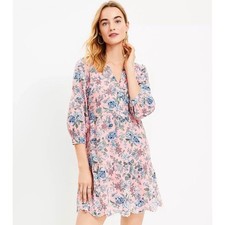LOFT Pink Floral Swing Dress 3/4 Sleeve Lined Embroidered Scalloped Hem Size 00P