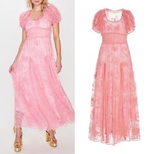 LoveShackFancy Steffen Pink Sheer Lace Maxi Dress Babydoll Hearts Polka Dot (e)