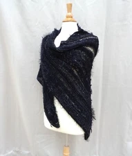 Black Novelty Shawl Wrap with Mixed Texture and Eyelash Large Triangle Scarf