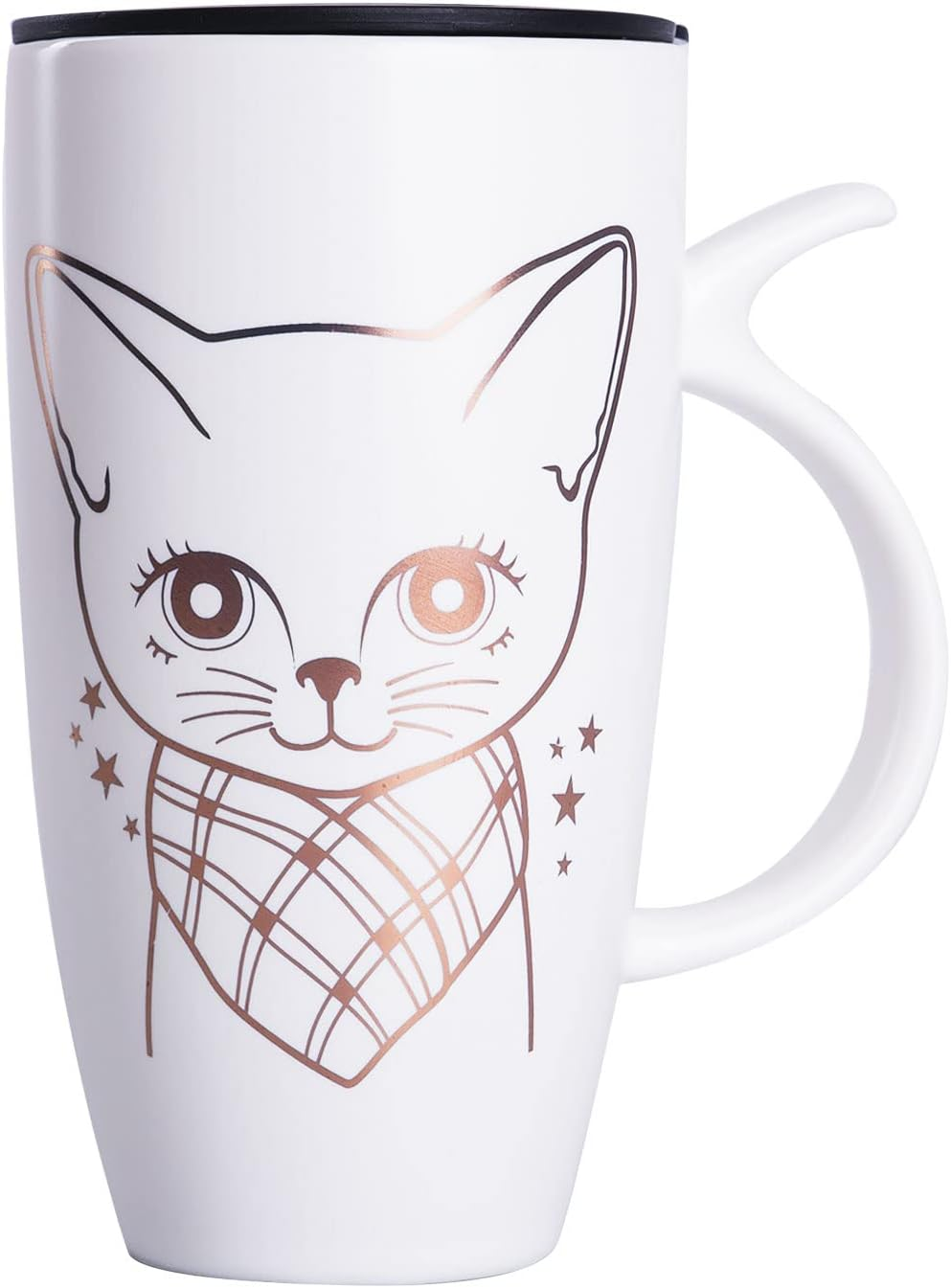 20Oz Large White Cute Cat Ceramic Coffee Mug with Splash-Proof Lid, Cat Tail Han