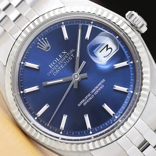 ROLEX MENS DATEJUST 1601 BLUE DIAL 18K WHITE GOLD STEEL WATCH w/ FOLDED BAND