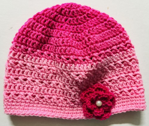 Breast Cancer chemo WOMEN Crochet Beanie Hat Unisex Ski Cap Large pink flower - Picture 4 of 7