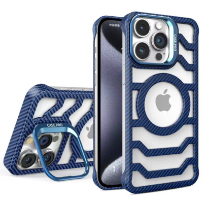 For iPhone 16 Pro Max 15 14 Heat Dissipation Carbon Fiber Mag Safe Stand Case