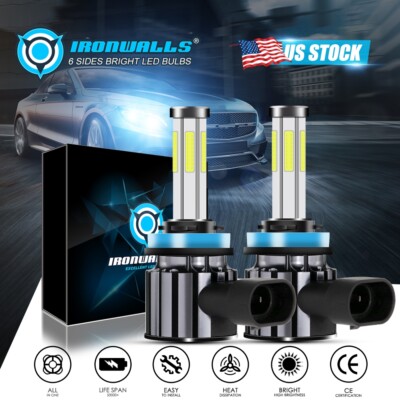 2X H11 LED Headlight H9 H8 Bulbs Kit 6-sides Bright High or Low Beam 6000K 2000W