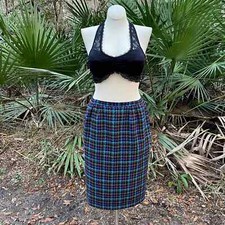 Vintage 80s Black Blue Houndstooth Wool Blend Pencil Skirt Tan Jay Size 16