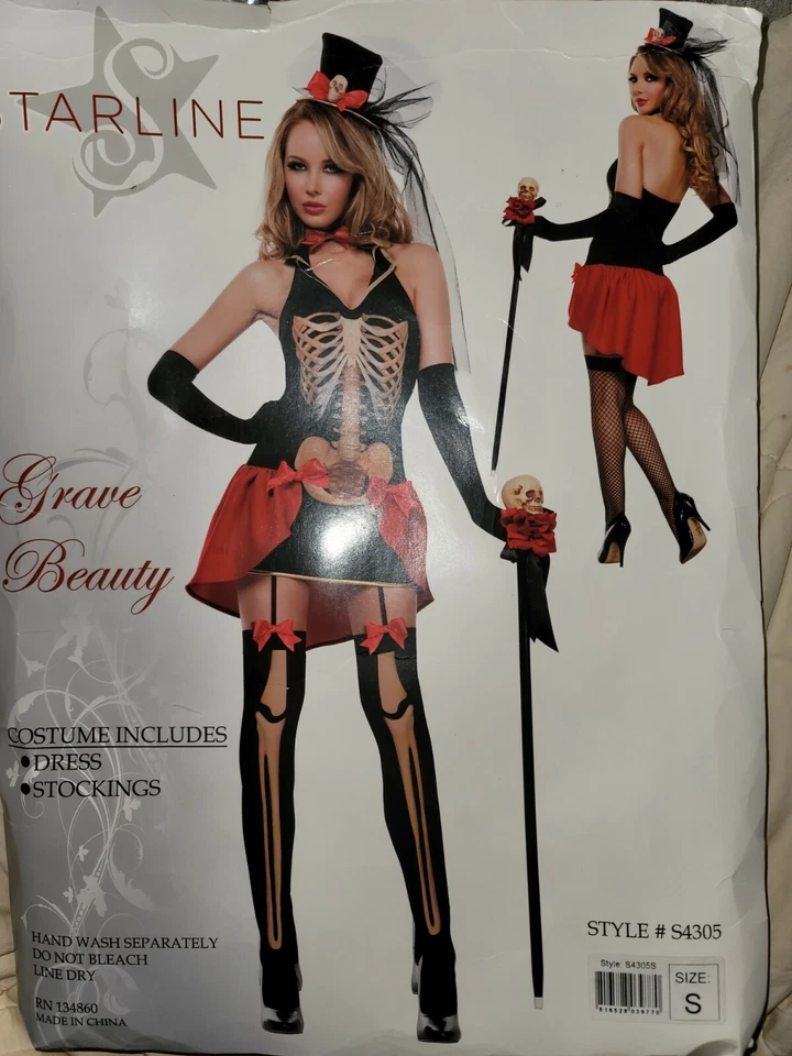 Novo traje de beleza Starline esqueleto túmulo tamanho adulto vestido pequeno e meias - Imagem 2 de 4