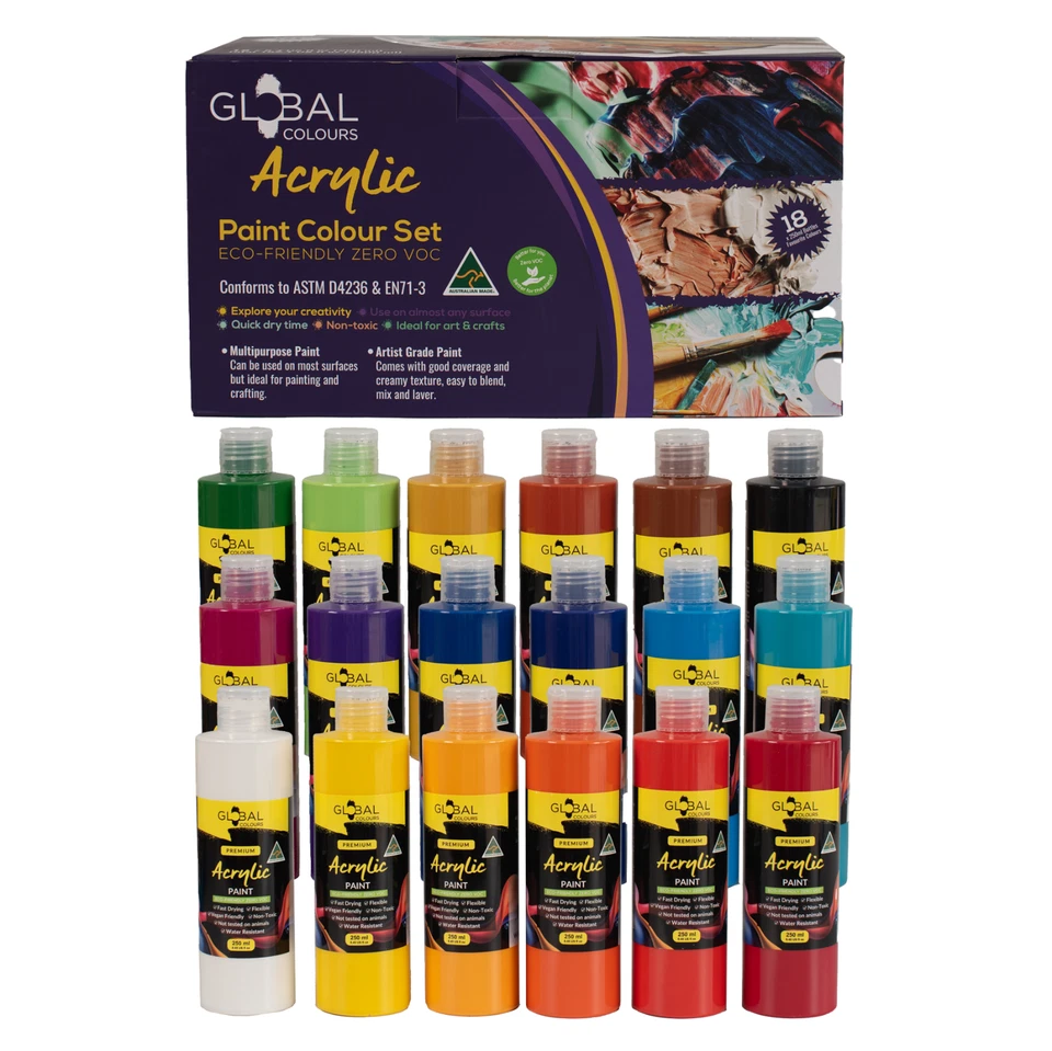 Juego de pintura acrílica Global Colours botellas de 18 x 250 ml no tóxicas hechas en Australia Foto 4 de 4