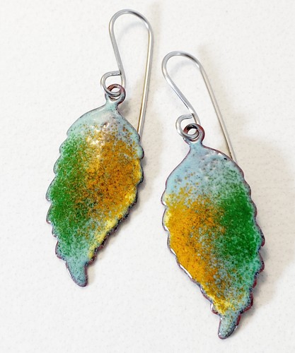 Enamel Leaf Earrings Colorful Fall Leaf enameled copper Handmade USA - Picture 4 of 5