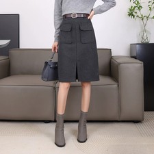 Lady Vintage Houndstooth Midi Skirts Slit A-line Skirts with Pocket Warm Casual