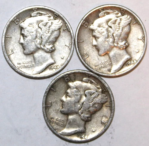 (3) Mercury Dimes - 1944D 1944P 1944S - VF/XF - #0469ED - FREE SHIPPING